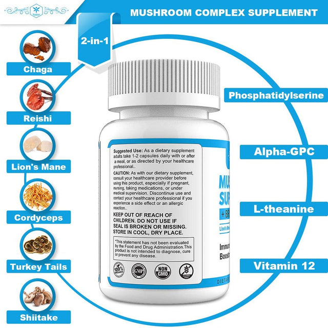 Reishi Mushroom Capsules,Lions Mane, Cordyceps, Turkey Tail, Chaga, L-Theanine, Alpha-Gpc, Nootropic Brain Supplement for Stress Relief, Memory and Immune Support, 60 Capsules