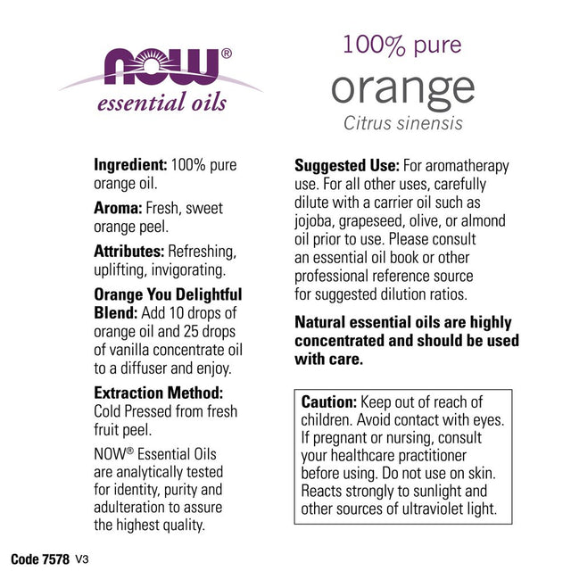 NOW Essential Oils, Orange Oil, Cold Pressed, 100% Pure, Vegan, Child Resistant Cap, 4-Ounce