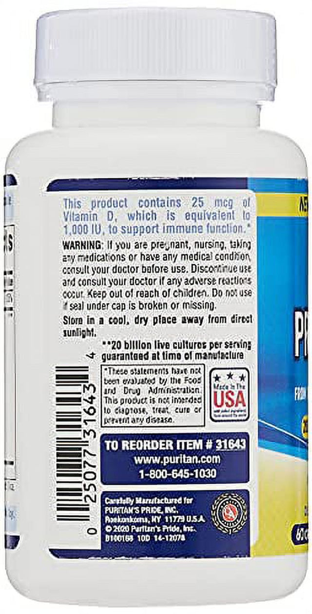 Probiotic 10 with Vitamin D to Help Support Immune System Health*, 60 Count, by Puritan'S Pride, White