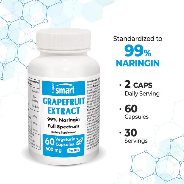 Supersmart - Grapefruit Extract Supplement 600 Mg per Day - 99 % Naringin - Weight Loss Diet - Seeds, Pulp & Skin | Non-Gmo & Gluten Free - 60 Vegetarian Capsules