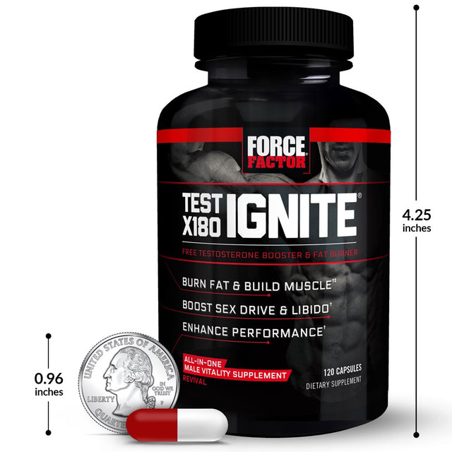 Test X180 Ignite Total Testosterone Booster for Men with Fenugreek Seed and Green Tea Extract to Increase Libido, Burn Fat, Build Lean Muscle, and Improve Performance, Force Factor, 120 Capsules