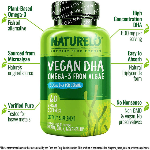 NATURELO Vegan DHA - Omega 3 Oil from Algae - Supplement for Brain, Heart, Joint, Eye Health - Provides Essential Fatty Acids for Women, Men and Kids - Complements Prenatal Vitamins - 60 Softgels