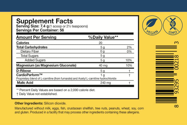 Researched Nutritionals Riboscardio ATP Energy Powder - D Ribose & L Carnitine Supplement with Magnesium, Malic Acid - Supports Muscle Recovery, Heart Health & Brain Health (41.4 G)