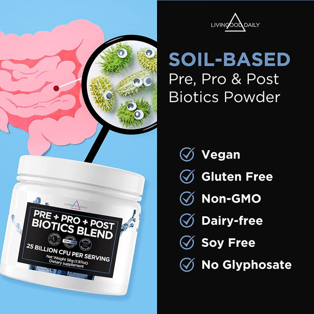 Livingood Daily Pre Pro Post Biotics Blend, 30 Servings - Prebiotic Fiber Powder + Probiotic + Postbiotics
