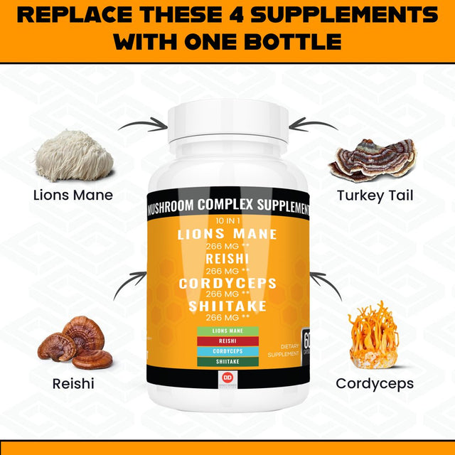 Lions Mane Supplement for Adult Reishi Mushroom Capsules Mushroom Supplement Complex Lion Mane Capsule Lion Mane Mushroom Complex Cordycep Nootropic Supplement Turkey Tail Mushroom Blend Supplement