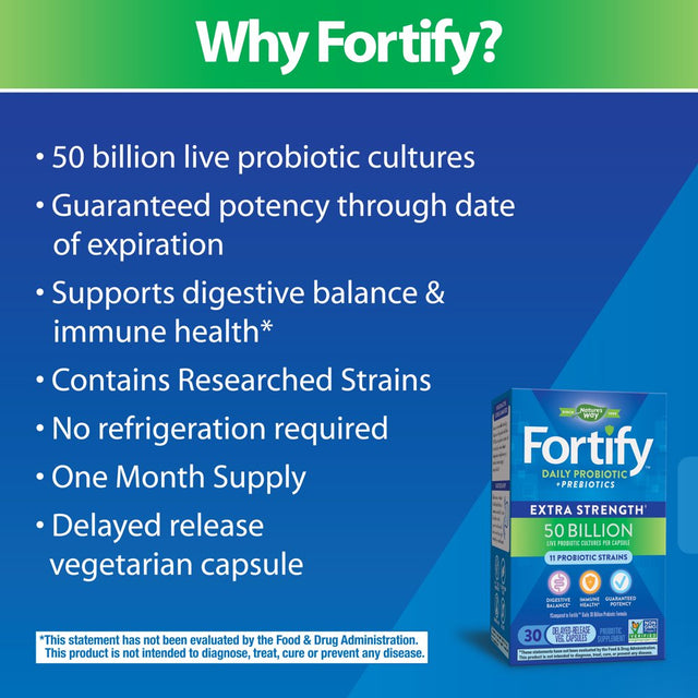 Nature’S Way Fortify Extra Strength Daily Probiotic, 50 Billion Live Cultures, 11 Strains, Prebiotic, 30 Capsules