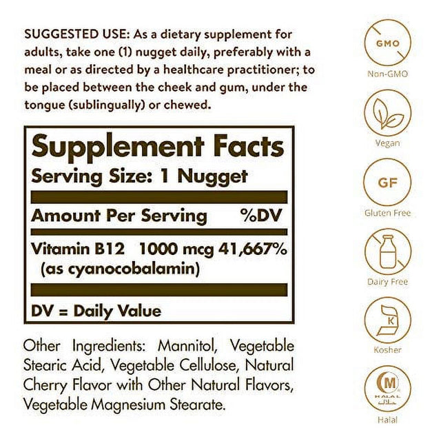 Solgar Vitamin B12 1000 Mcg, 250 Nuggets - Supports Production of Energy, Red Blood Cells - Healthy Nervous System - Promotes Cardiovascular Health - Vitamin B - Non-Gmo, Gluten Free - 250 Servings