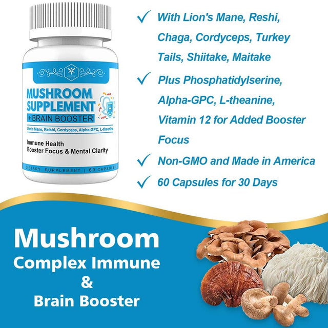 Reishi Mushroom Capsules,Lions Mane, Cordyceps, Turkey Tail, Chaga, L-Theanine, Alpha-Gpc, Nootropic Brain Supplement for Stress Relief, Memory and Immune Support, 60 Capsules
