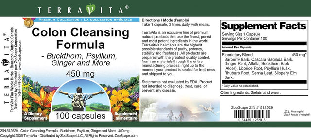Colon Cleansing Formula - Buckthorn, Psyllium, Ginger and More - 450 Mg (100 Capsules, ZIN: 512529)