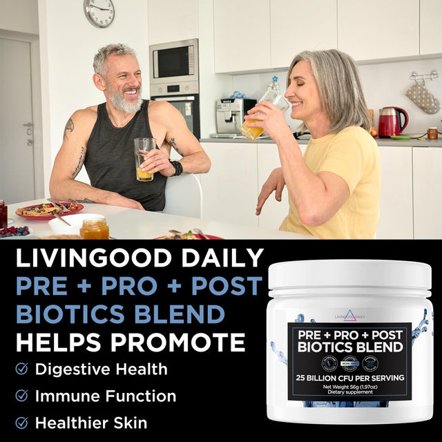Livingood Daily Pre Pro Post Biotics Blend, 30 Servings - Prebiotic Fiber Powder + Probiotic + Postbiotics