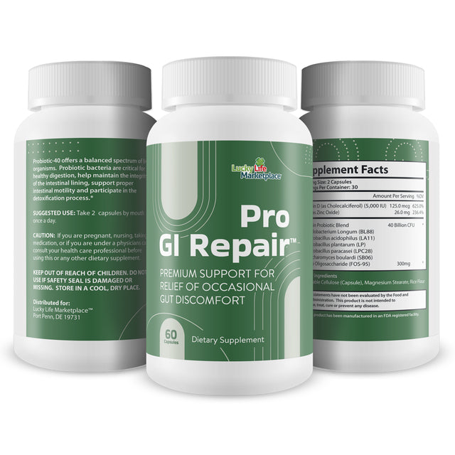 Pro GI Repair - Premium Probiotic Supplement to Support Gut Health - Support Gastrointestinal Function & Regularity - 40 Billion CFU Probiotic Formula - Promote Reduced Indigestion & Upset Stomach