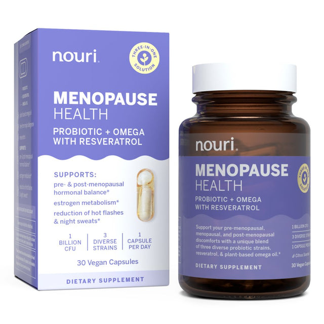 Nouri Menopause Health Probiotic with Omega and Resveratrol Vegan Capsules, 30 Day Supply