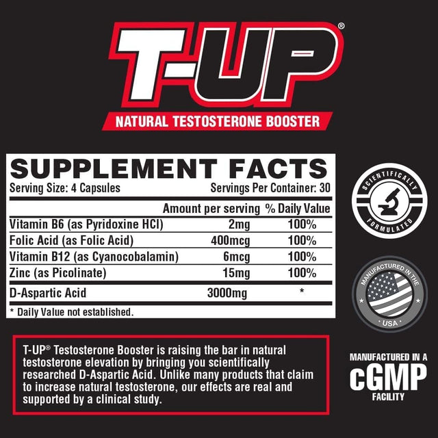 Nutrex Research T-Up Natural Testosterone Booster for Men Test Booster Muscle Enhancer and Libido Support Pills | DAA D-Aspartic Acid Supplement, Zinc, B6, B12 | 120 Capsules