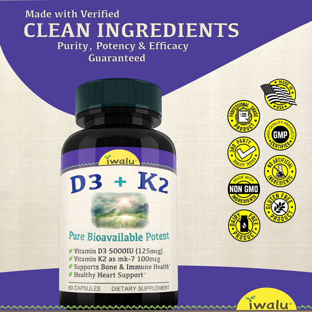Vitamin D3 K2 MK7 Supplement - Promotes Heart, Bone & Teeth Health, Non-Gmo Formula, Vit D3 5000 IU & 100 Mcg Vitamin K2 MK-7 Easy Swallow Vitaminas D & K Complex for Women & Men IWALU 60 Capsules