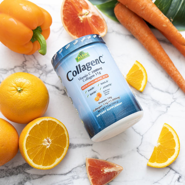 Collagen Hydrolysate Peptides Powder Supplement by ALFA VITAMINS - Nutrients, Minerals, Antioxidants - Skin, Hair, Nails & Joints Support - Orange Flavor -11 OZ