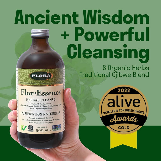 Flora Health Flor-Essence Liquid Tea Blend - Ancient 8-Herb Formula - Natural Full Body Cleanse & Detox - Organic Ingredients - Pure Vegan Formula - Burdock Root, Sorrel, Slippery Elm, Kelp - 500Ml