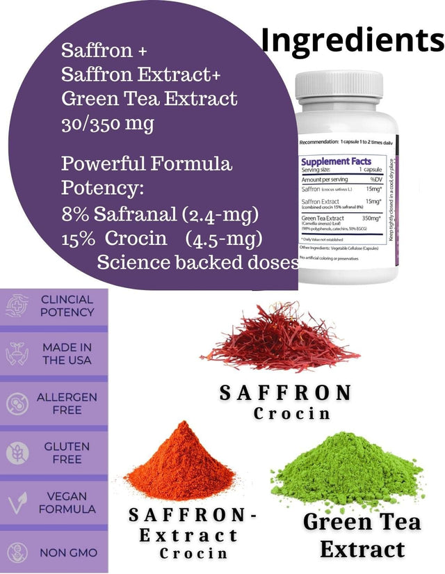 Saffron Dietary Supplement - Antioxidant & Immune Supplement - Heart Support + Brain & Memory Boost, 60 Capsules