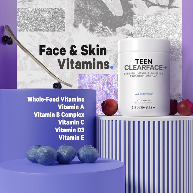 Codeage Teen Clearface, Vitamins A, C, D3, E, Pantothenic Acid, Niacin, Zinc, Probiotics, Omega-3, 60 Ct