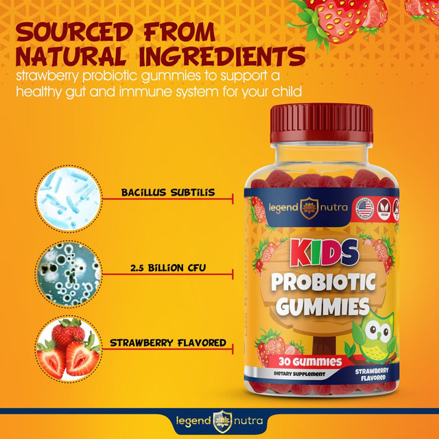 Kids Probiotic Gummy 2.5 Billion CFU Strawberry Flavored 30 Gummies Digestive Support Legend Nutra