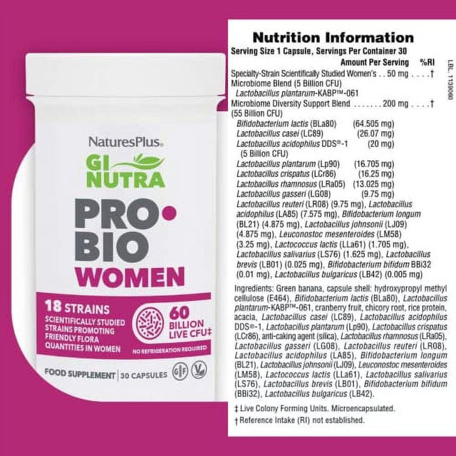 Naturesplus GI Natural Probiotic Women - 30 Capsules - Digestive & Immune Support, Urinary Tract Health - Includes Cranberry - Gluten Free - 30 Servings