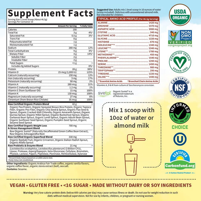 Garden of Life Raw Organic Fit Vegan Protein Powder Coffee, 28G Plant Based Protein for Weight Loss, Pea Protein, Fiber, Probiotics, Dairy Free Nutritional Shake for Women and Men, 10 Servings