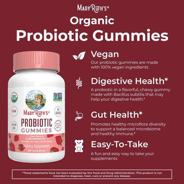 Maryruth'S | USDA Organic Adult Probiotic Gummies for Men & Women | 5 Billion CFU | Digestive & Gut Health Supplement | Strawberry | Vegan, Non-Gmo | 60 Count