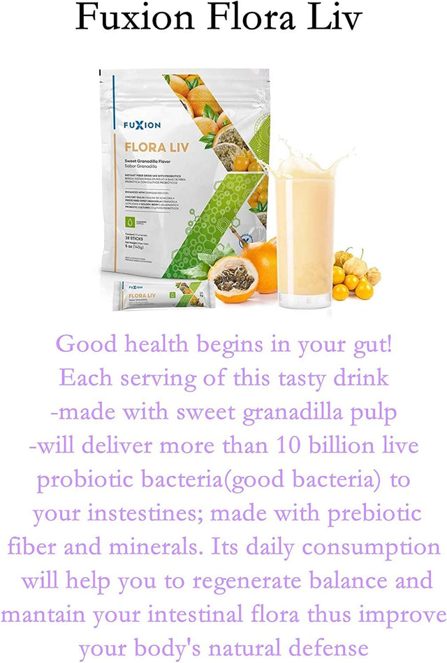 Petseeker Fast Acting Immune Defense-Fuxion Flora Liv,10Bil CFU Active Live Probiotics Formulated W,Prebiotic Fiber from Chicory Inulin for Good Bacteria Self-Regeneration(Sweet Granadilla,28 Sachets)
