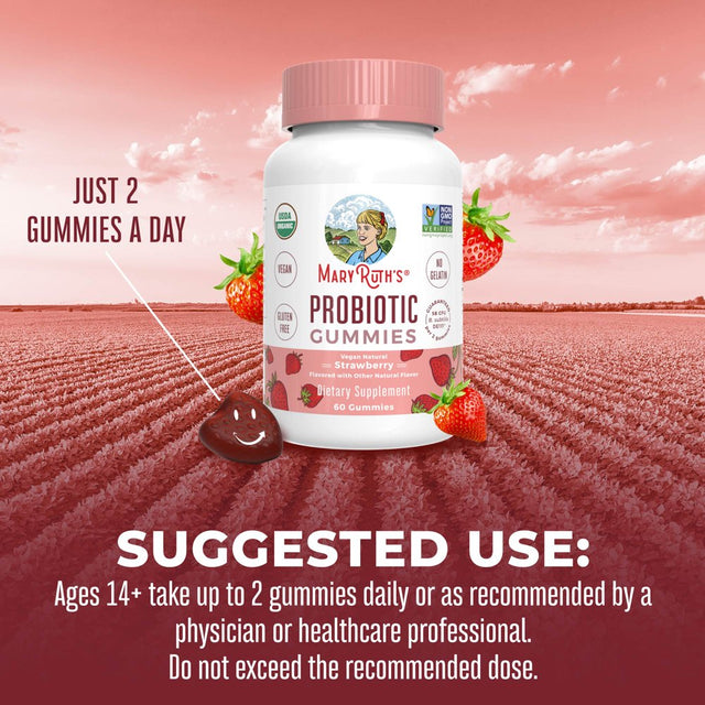 Maryruth'S | USDA Organic Adult Probiotic Gummies for Men & Women | 5 Billion CFU | Digestive & Gut Health Supplement | Strawberry | Vegan, Non-Gmo | 60 Count