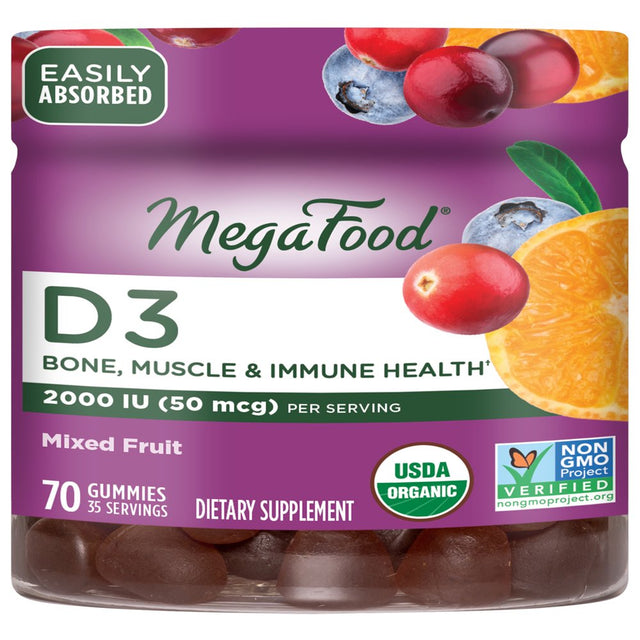 Megafood D3, Mixed Fruit, 50 Mcg (2,000 IU), 70 Gummies (25 Mcg (1,000 IU) per Gummy)