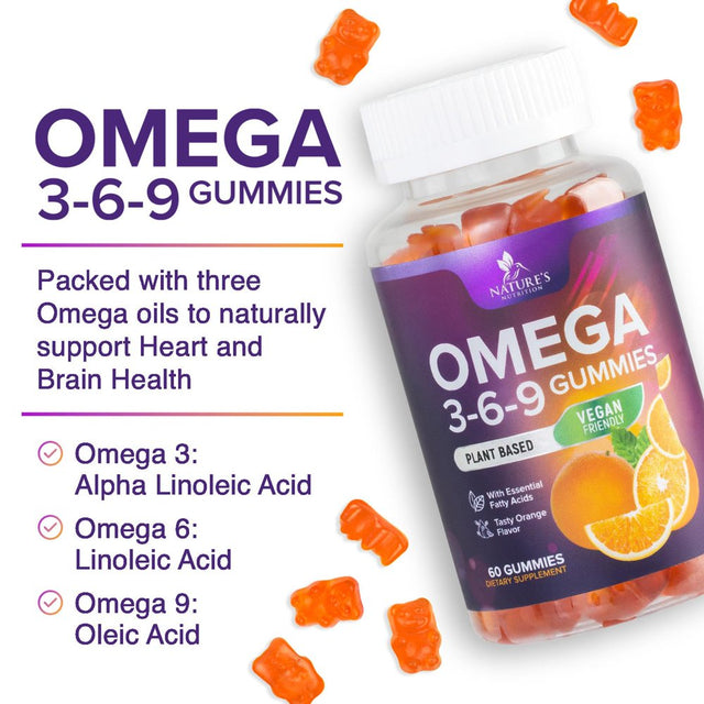 Omega 3 6 9 Vegan Gummies - Triple Strength Omega 3 Supplement Essential Oil Gummy - Omega 369 Heart Support and Brain Support for Women, Men & Pregnant Women, Non-Gmo, Orange Flavor - 120 Gummies
