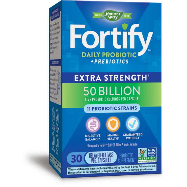 Nature’S Way Fortify Extra Strength Daily Probiotic, 50 Billion Live Cultures, 11 Strains, Prebiotic, 30 Capsules