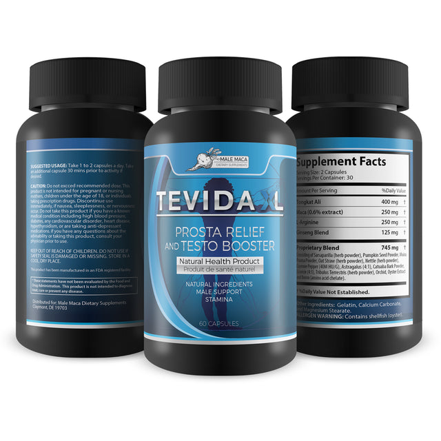 Tevida XL Prosta Relief and Testo Booster - Support Improved Blood Flow & Circulation - Prevent Unwanted Weight Gain - Naturally Boost Testosterone for Male Health - 60 Capsules