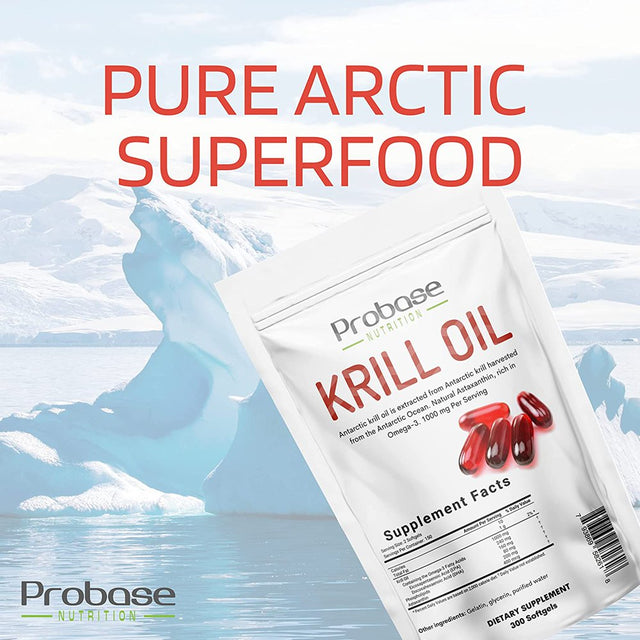 Probase Nutrition Antarctic Krill Oil Supplement, 1000Mg per Serving, 300 Soft-Gels, Rich in Omega-3S EPA, DHA & Natural Astaxanthin, Supports Immune System & Brain Health, Easy to Swallow