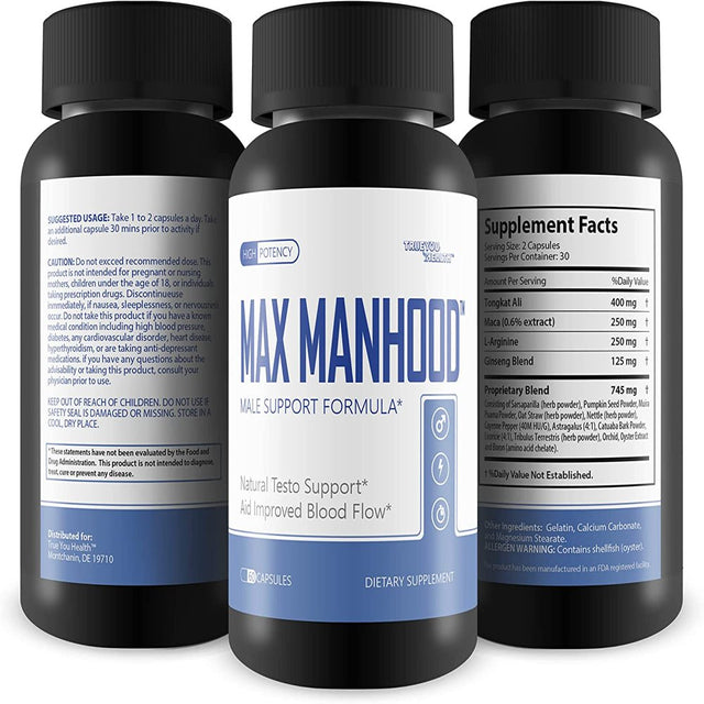 Max Manhood Testosterone Booster Pills - Aids in Improved Muscle Growth, Performance, & Nutrient Delivery - with L-Arginine for Blood Flow - 60 Count