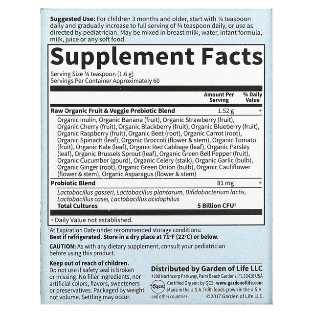 Garden of Life Organic Probiotics Kids 5 Billion Cfu 3.4 Oz Pwdr