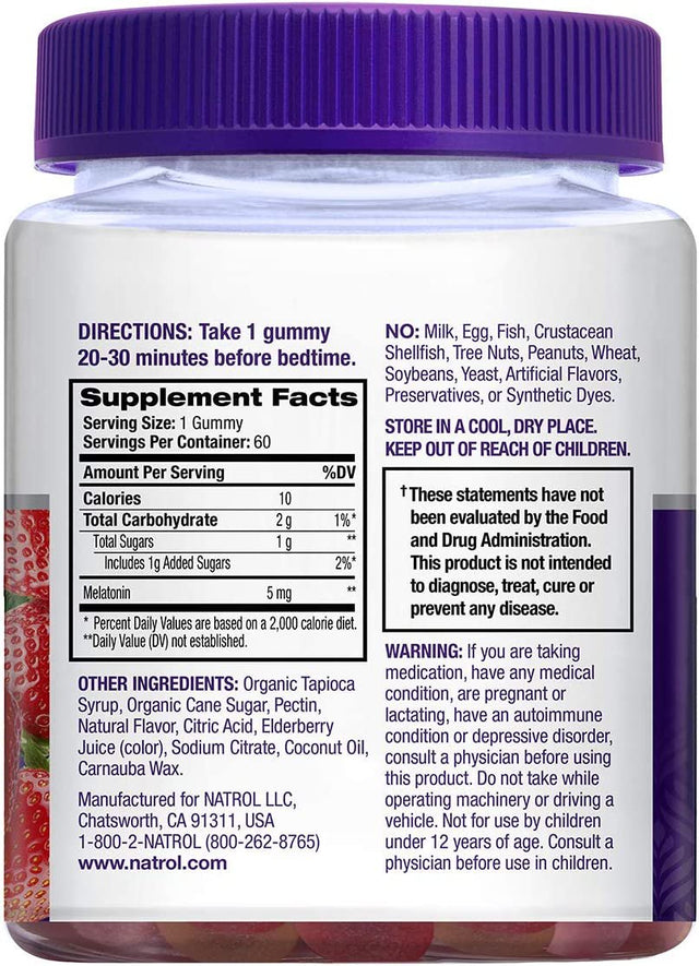 Natrol Melatonin 5Mg, Sleep Support Supplement, Strawberry Gummies, 60Ct