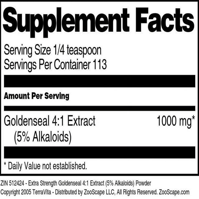 Terravita Extra Strength Goldenseal 4:1 Extract (5% Alkaloids) Powder, (4 Oz, 1-Pack, Zin: 512424)