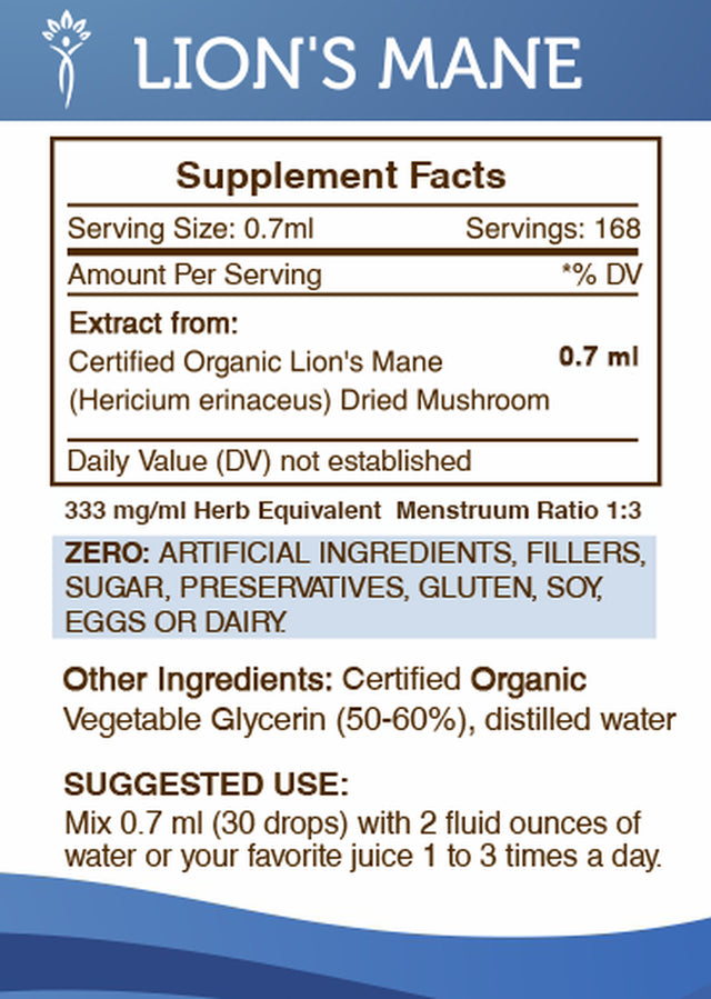 Lion'S Mane Tincture Alcohol-Free Extract, Organic Lion'S Mane (Hericium Erinaceus) Dried Mushroom 4 Oz