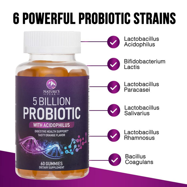 Nature’S Acidophilus Probiotics for Women & Men Gummies, 5 Billion CFU, 6 Strains, Daily Probiotic Supplement Gummy to Support Digestive Health, No Refrigeration Needed, Orange Flavor - 60 Gummies