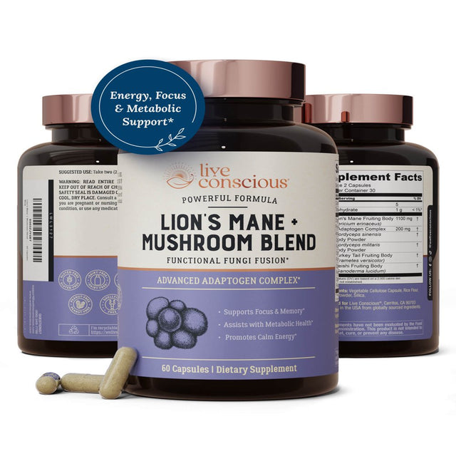 Lion’S Mane + Mushroom Blend with Cordyceps, Turkey Tail, and Reishi - for Cognitive Health and Gut Health | by Live Conscious - 30 Servings