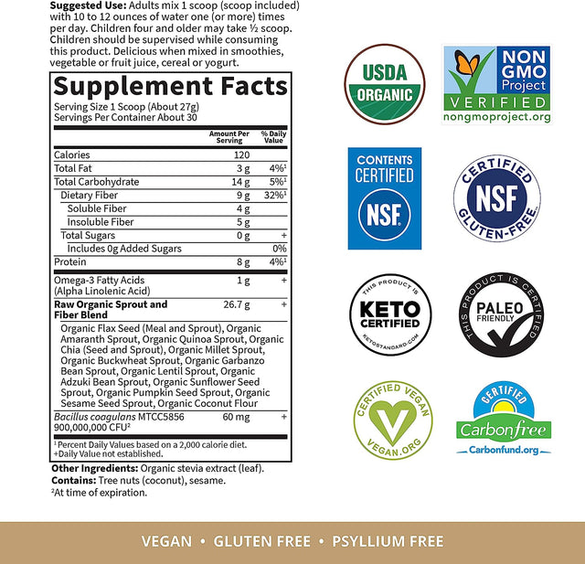 Garden of Life Fiber Supplement, Raw Organic Fiber Powder, 30 Servings, 15 Organic Superfoods, Probiotics, Omega-3 ALA, 4G Soluble Fiber, 5G Insoluble Fiber for Regularity, Psyllium Husk Free Fiber