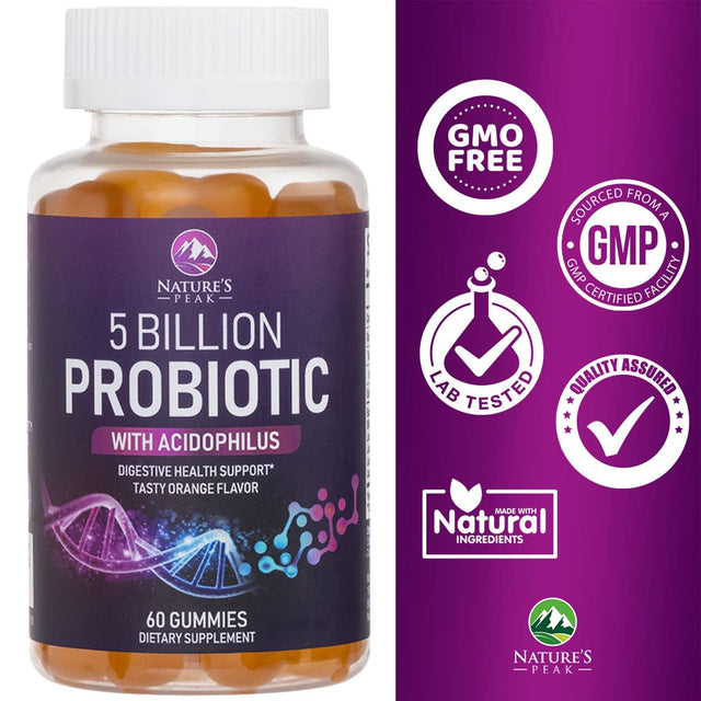 Nature’S Acidophilus Probiotics for Women & Men Gummies, 5 Billion CFU, 6 Strains, Daily Probiotic Supplement Gummy to Support Digestive Health, No Refrigeration Needed, Orange Flavor - 60 Gummies