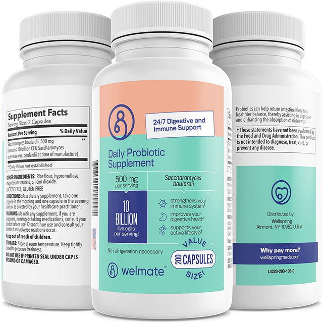 Welmate Daily Probiotic Supplement, Saccharomyces Boulardii 500 Mg, 10 Billion CFU, 200 Veg Capsules