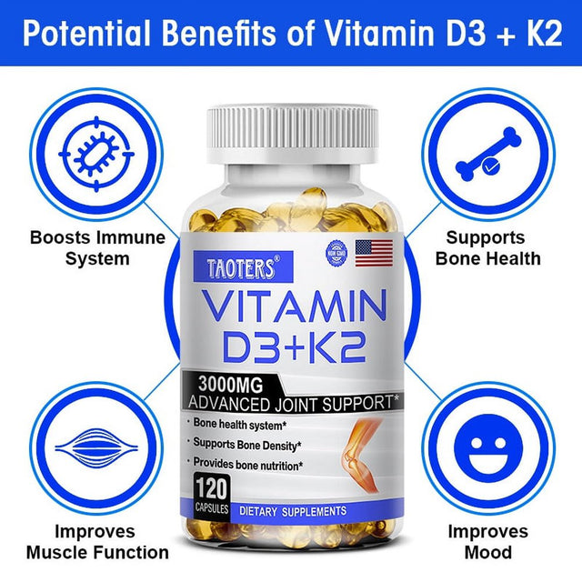 TAOTERS Vitamin K2 (MK7) with D3 Supplement to Support Joint, Bone, and Immune Health Non-Gmo Formula Easy-Swallow Vitamin D and K Complex.