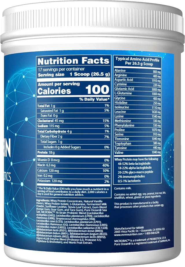 MRM Nutrition Whey Protein | Vanilla Flavored |18G Protein | with 2 Billion Probiotics + Digestive Enzymes + Bcaas | High Absorption + Digestion | Hormone + Antibiotic Free | 17 Servings