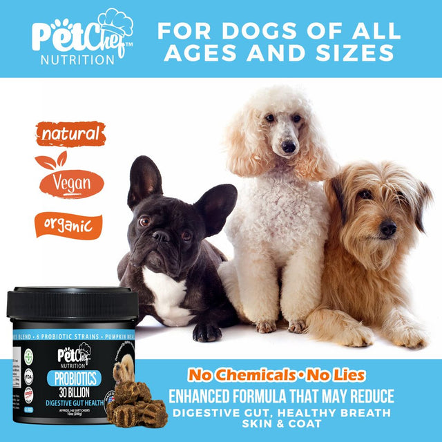 Pet Chef Nutrition Probiotic Soft Treats for Dogs | Digestive Gut Health, Gas & Bloating, Constipation, Diarrhea & Upset Stomach | Premium Chewable Treats for Pets - All Ages & Sizes - 140 Ct (Bacon)