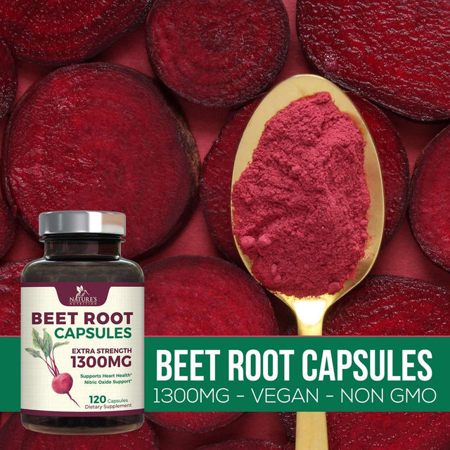 Beet Root Powder Capsules - Supports Athletic Performance, Digestive Health, Immune System - Nature'S Beet Root Extract Supplement 1300Mg per Serving - Vegan, Gluten Free, Non-Gmo - 120 Capsules