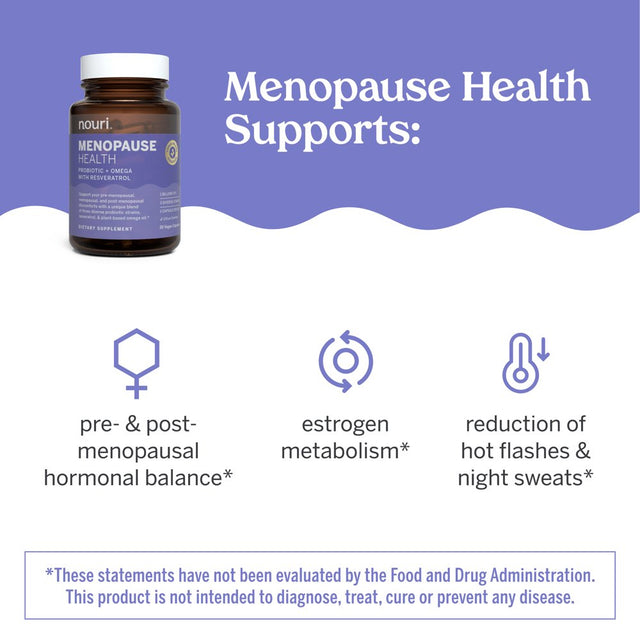 Nouri Menopause Health Probiotic with Omega and Resveratrol Vegan Capsules, 30 Day Supply