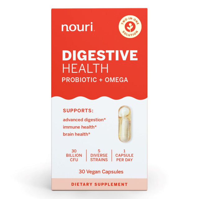 Nouri Digestive Health Probiotic with Omega for Digestion, Immune, and Brain Health, 30 Day Supply
