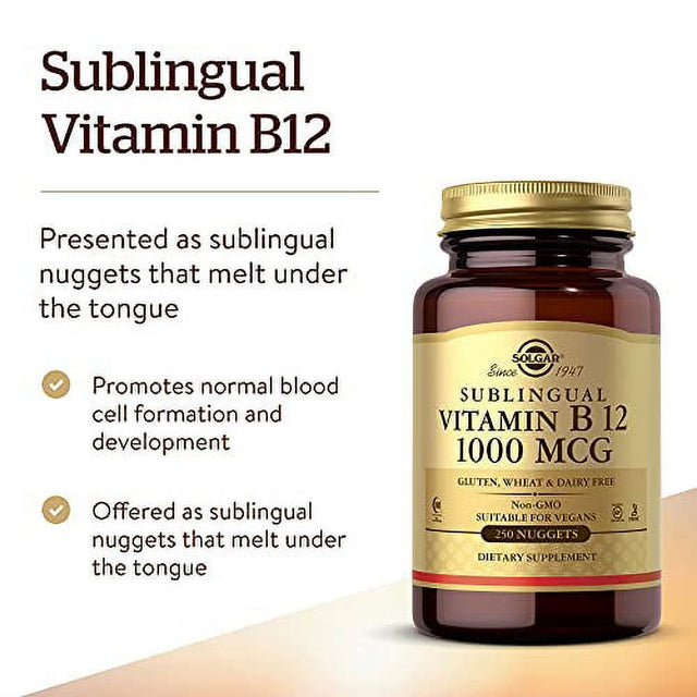 Solgar Vitamin B12 1000 Mcg, 250 Nuggets - Supports Production of Energy, Red Blood Cells - Healthy Nervous System - Promotes Cardiovascular Health - Vitamin B - Non-Gmo, Gluten Free - 250 Servings